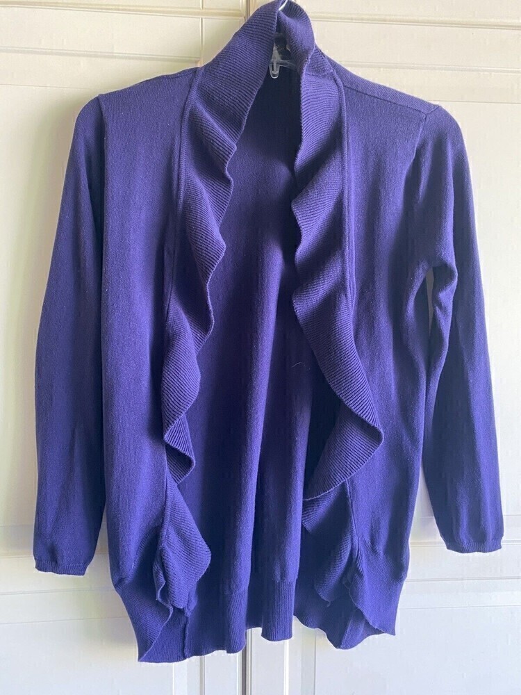 Linda Matthews Women’s Open Ruffled Long Line Cardigan Sweater Sz M‎